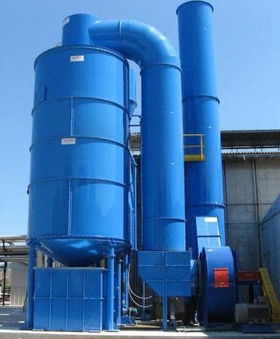 Blue wet scrubber system with ductwork and exhaust stack
